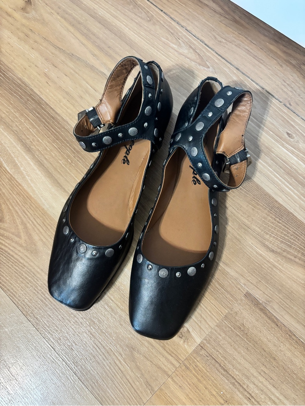 Free People Mystic Mary Jane Flats Black Leather Studded Ballet Shoes Size 39.5